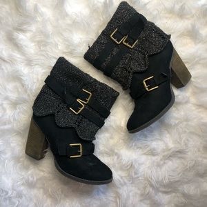 Not Rated Sparkle Glitter Knitted Slouchy Sweater Suede Booties with Buckle